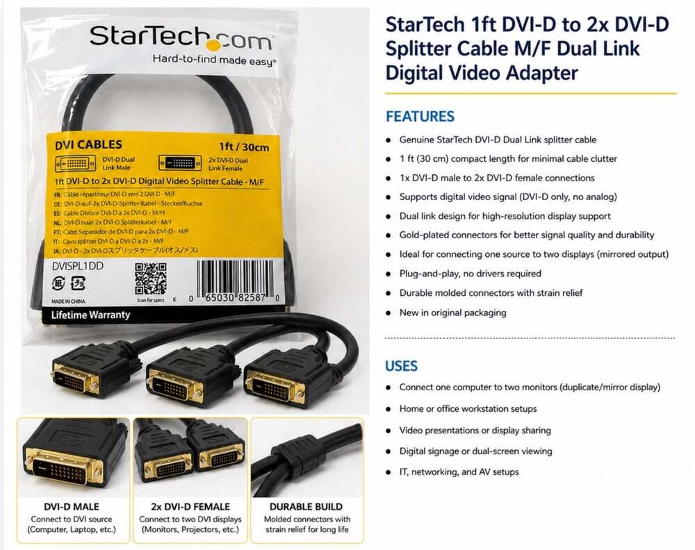 Digital Video Splitter Cable 1 ft DVI-D to 2x DVI-D M/F Dual Link Digital Video